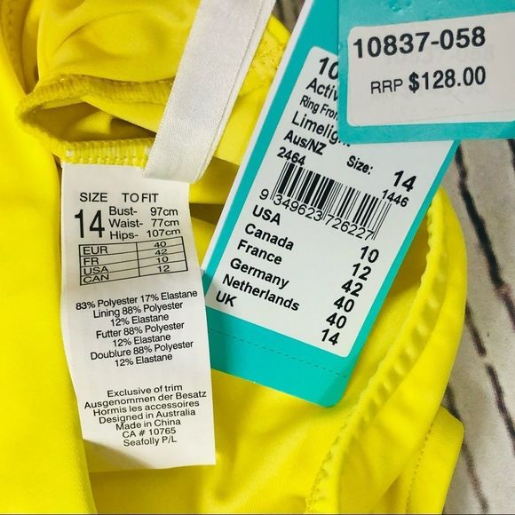Seafolly Ring Front Maillot One Piece Swim Bathing Suit Limelight Yellow 10 - Picture 9 of 10